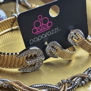 3 Pc Gold Twist Bling Necklace Belt Design Hoops And Cuff Bracelet